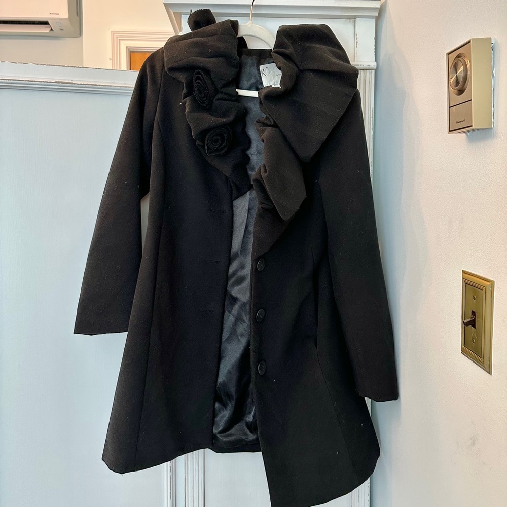 Kihtz pea coat with ruffle neckline. Vintage.